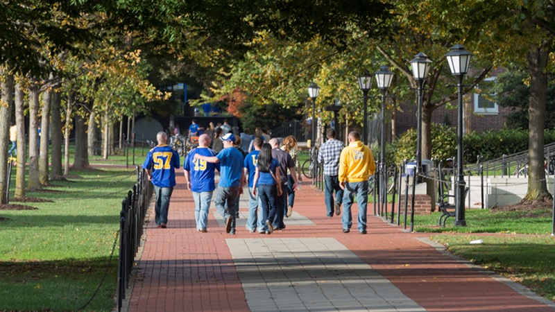 Back of UD students walking through The Green