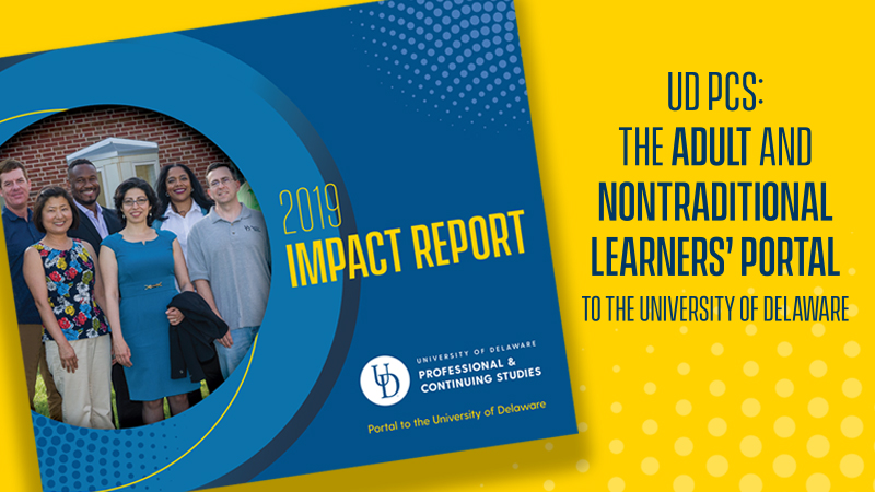 Six adult students standing together on cover of 2019 Impact Report