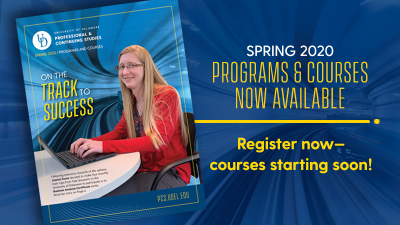 Banner with thumbnail of UD PCS spring 2020 course guide