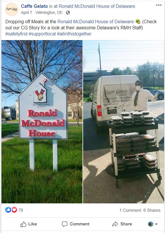 Facebook post of Ronald McDonald House sign and masked Caffe Gelato male employee delivering meals