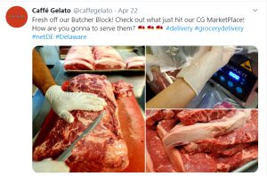 Twitter post of gloved worker cutting raw slab of beef