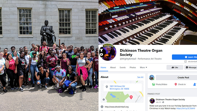 Group of Upward Bound Classic students and image of Dickinson Theatre Organ Society Facebook page