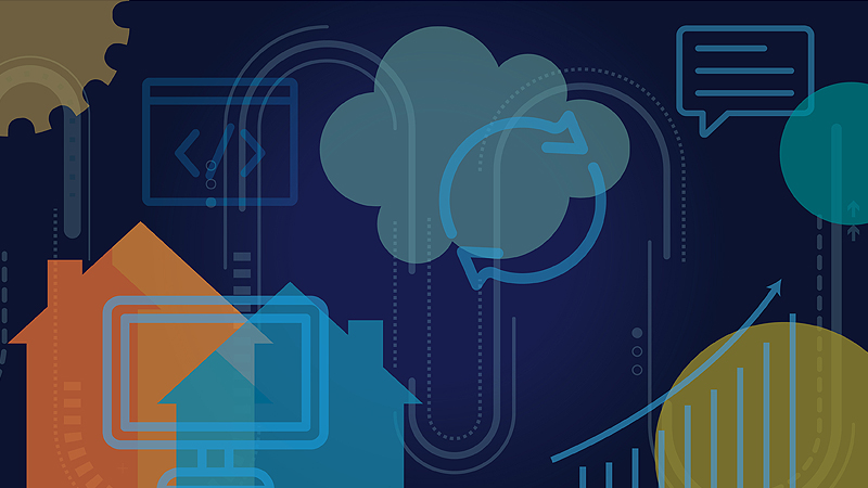 Illustration of house, computer, cloud and charts