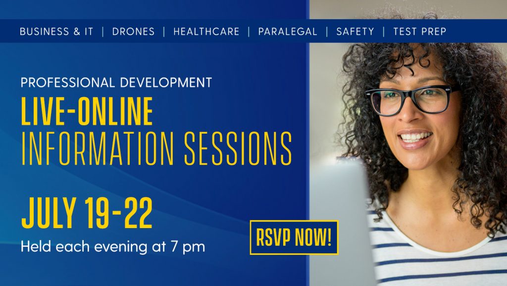 Professional Development Live-online Information Session. July 19-22. Each evening at 7 pm. Woman on laptop.