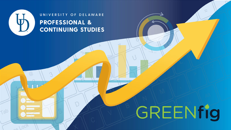 Arrow, bar graph and screen between UD PCS and GreenFig logos