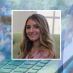 Headshot of Lauren Conforti in front of graduation picture of her and keyboard