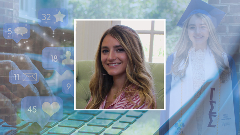 Headshot of Lauren Conforti in front of graduation picture of her and keyboard