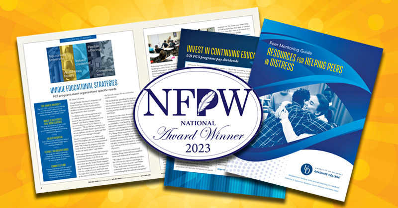 A collage of print pieces that received awards in the 2023 DPA and NFPW competitions