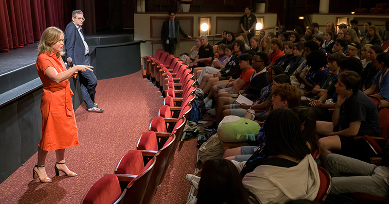 Governor Meyer and Lieutenant Governor Gay talking to students in the Thompson Theater.