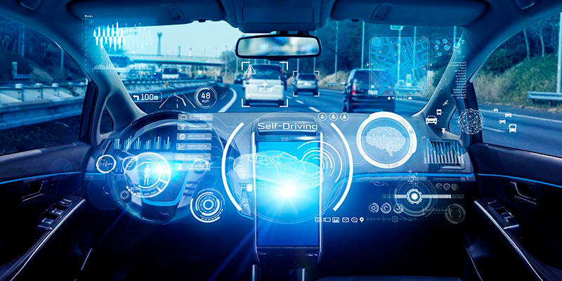 dashboard of a self-driving car in traffic on a highway