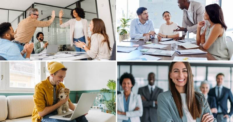 Collage of professional scenes showing a team celebrating in an office, a group collaborating in a meeting, a person working on a laptop at home with a pet, and a confident female professional posing with colleagues in the background.
