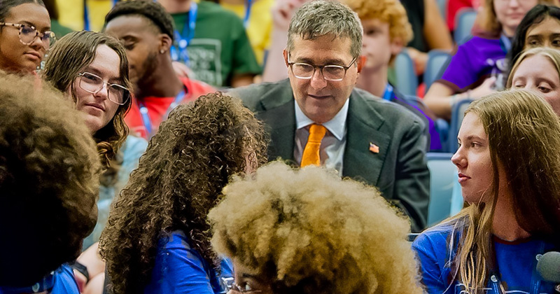 Governor Matt Meyer speaks with students participating in the 2026 Delaware Governor's School for Excellence during a question-and-answer session at the University of Delaware.