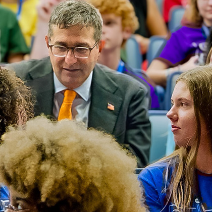 Governor Matt Meyer speaks with students participating in the 2026 Delaware Governor's School for Excellence during a question-and-answer session at the University of Delaware.